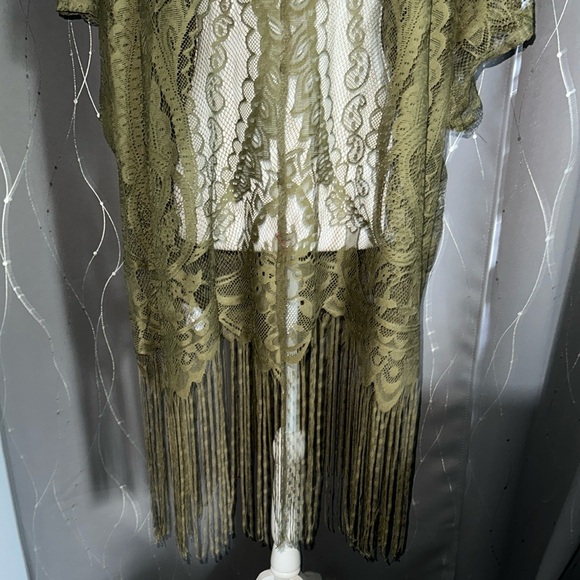 👙Emmett’s Women’s Small Olive Green Lace Kimono with Fringe - Picture 6 of 6